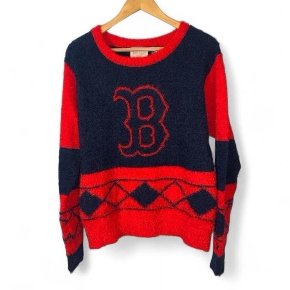 KLEW Boston red socks argyle licensed Cozy Red navy Sweater fair isle L NWT